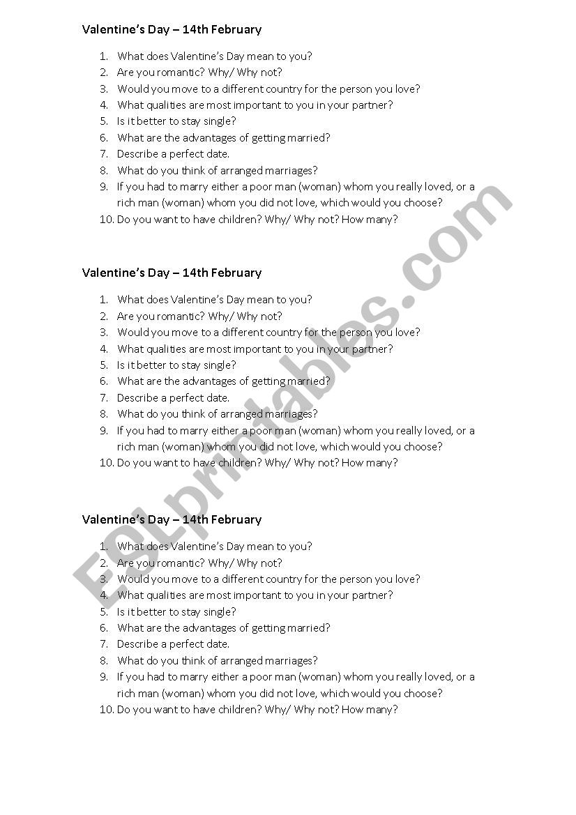 ValentineÂ´s Day Questions worksheet