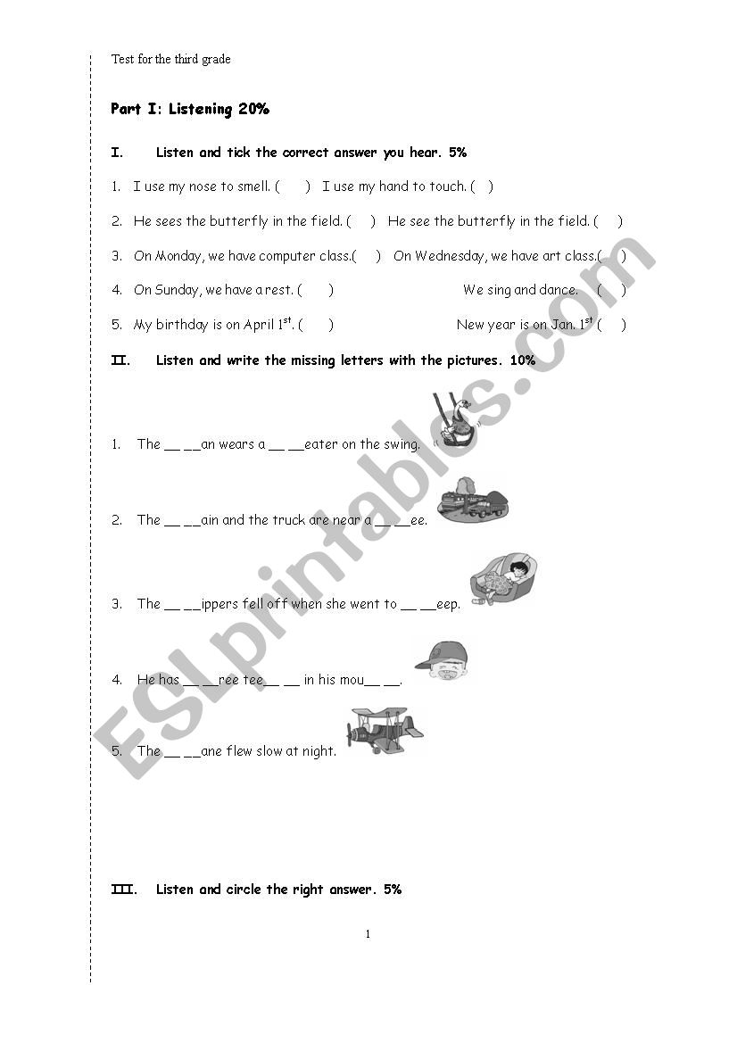 A test for the third grade- Listening part & answer keys