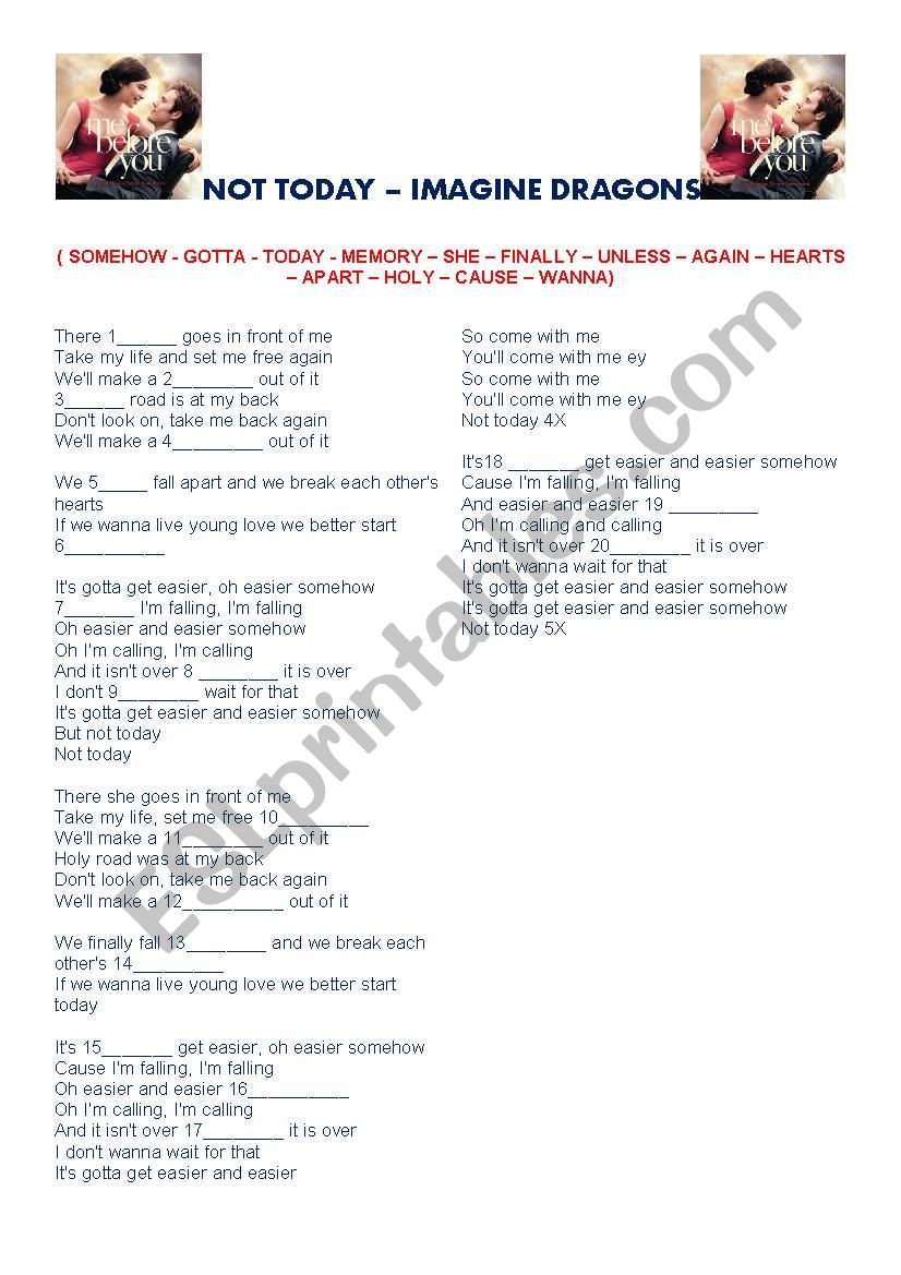 Not today - Imagine Dragons worksheet