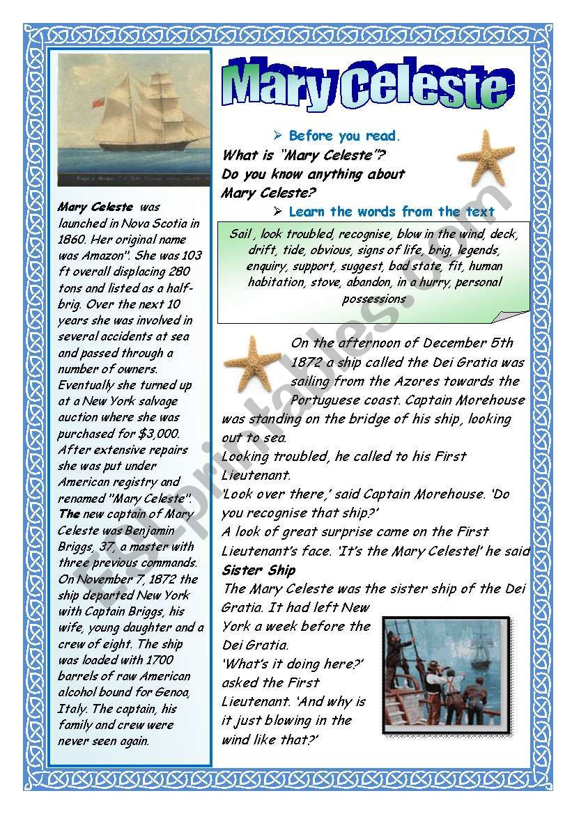 MARY CELESTE - A GHOST SHIP. worksheet