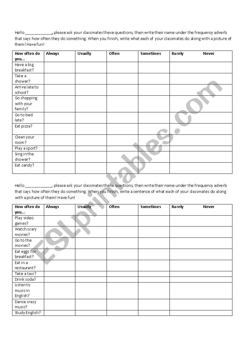 Adverbs of Frequency Speaking Activity
