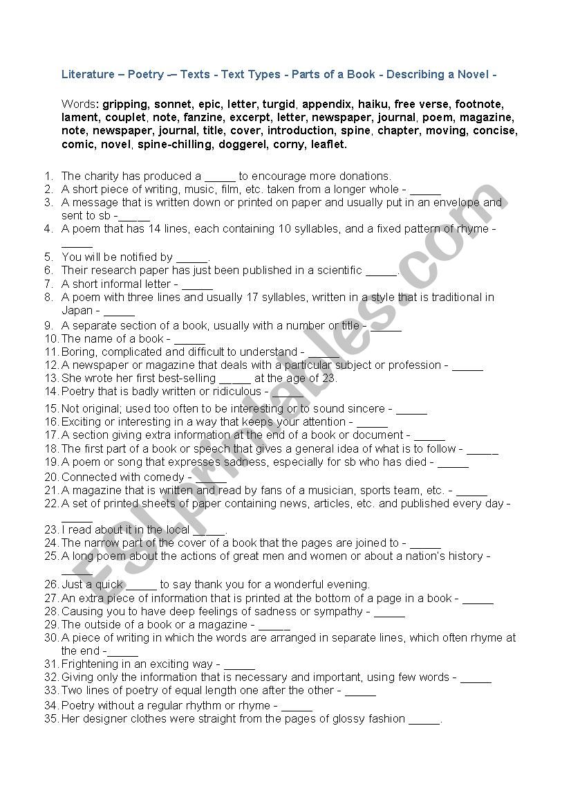 Literature - Poetry- Texts- Text types- Parts of a book and a Novel