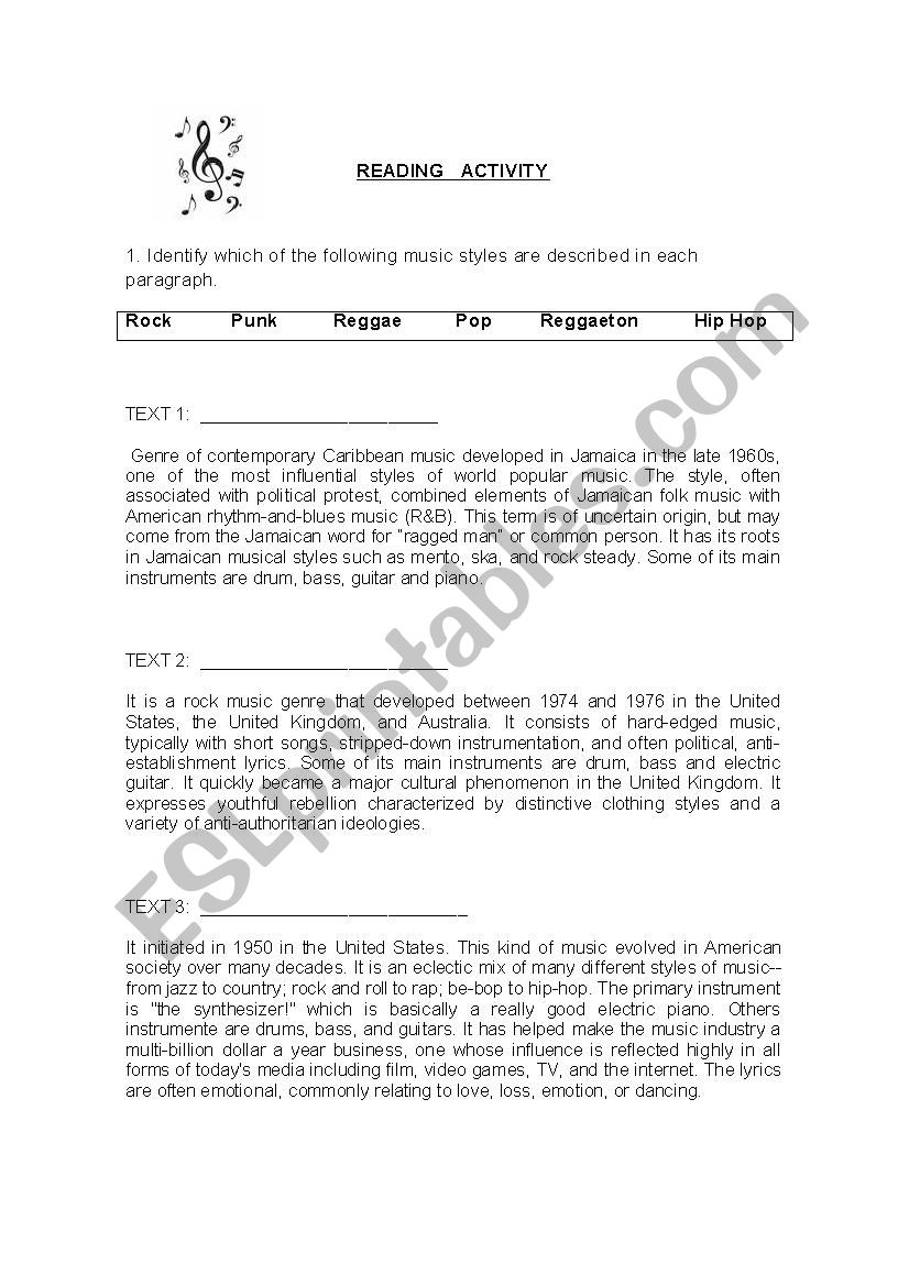 music styles worksheet