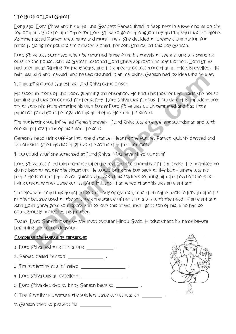 The Birth of Lord Ganesh worksheet