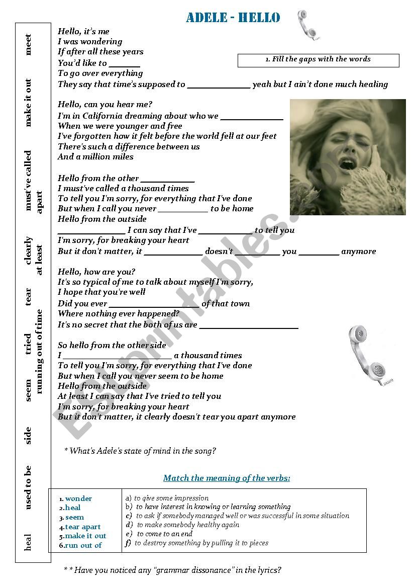 Adele - Hello worksheet