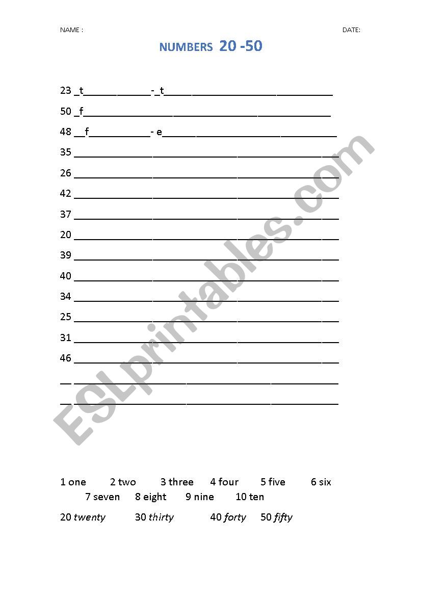Numbers 20-50 worksheet