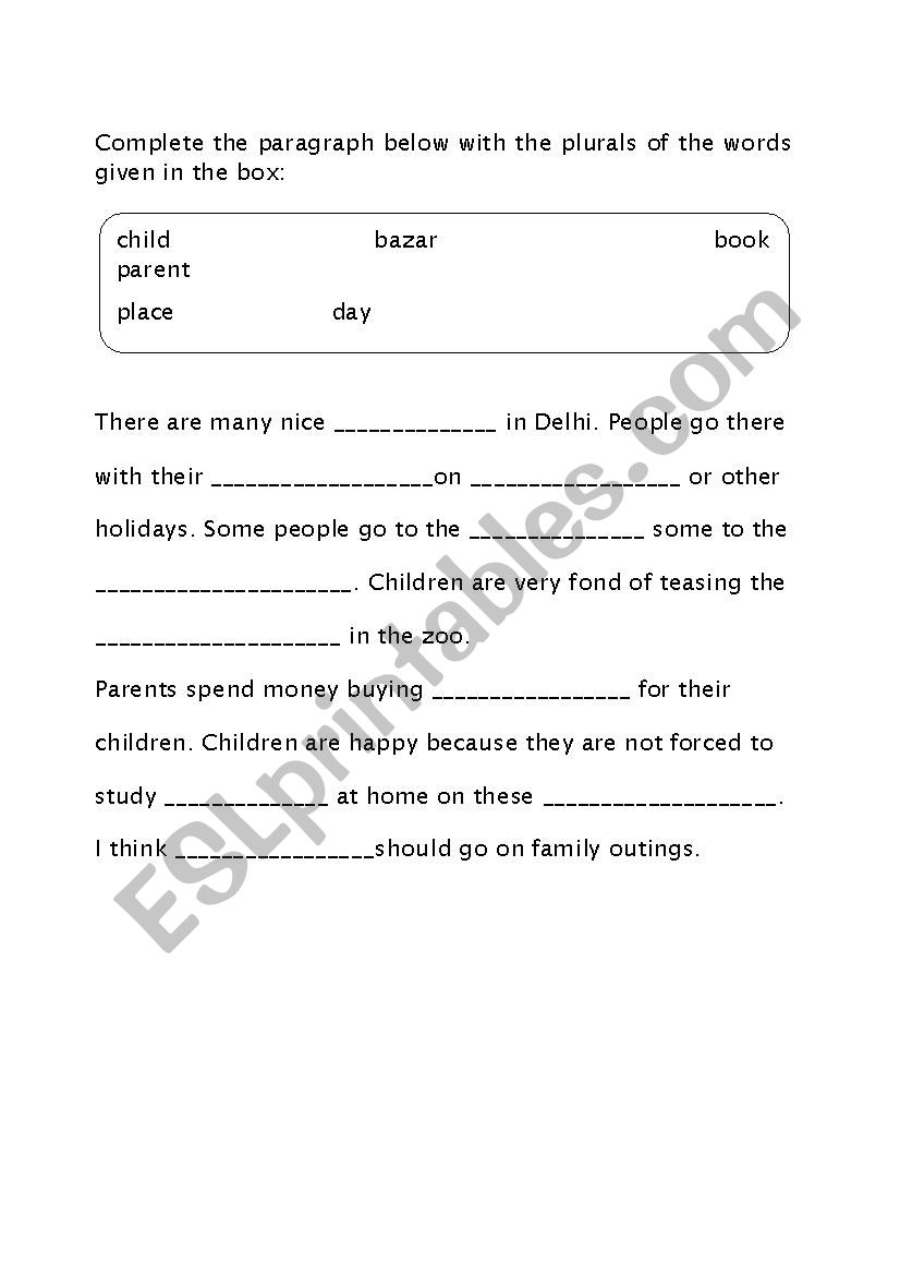 Singular- Plural worksheet at paragraph level