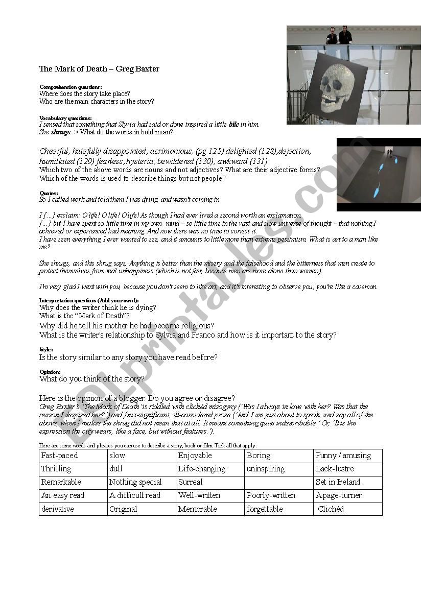 The Mark of Death worksheet