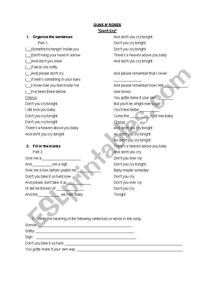 Dont cry listening excercise worksheet