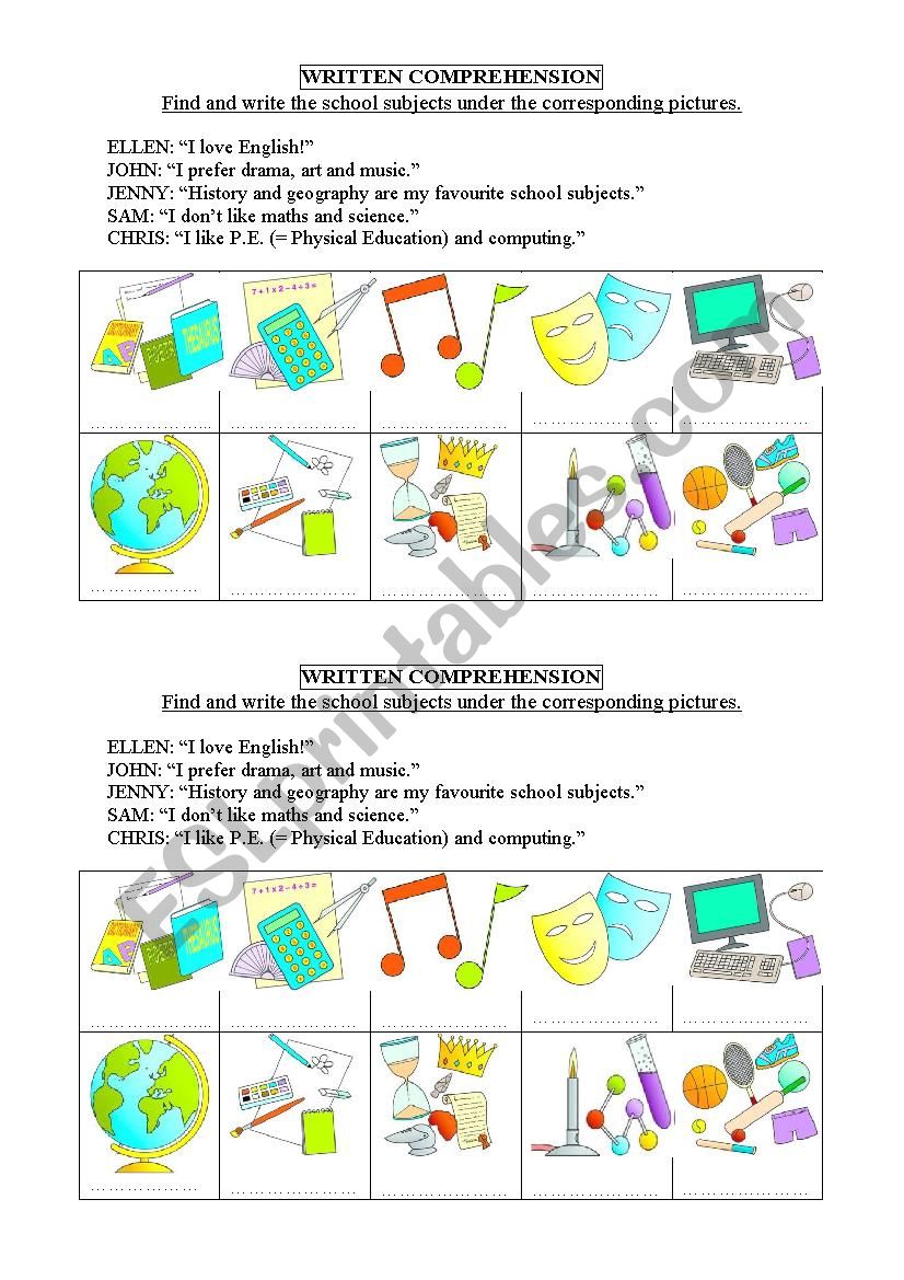 School subjects worksheet