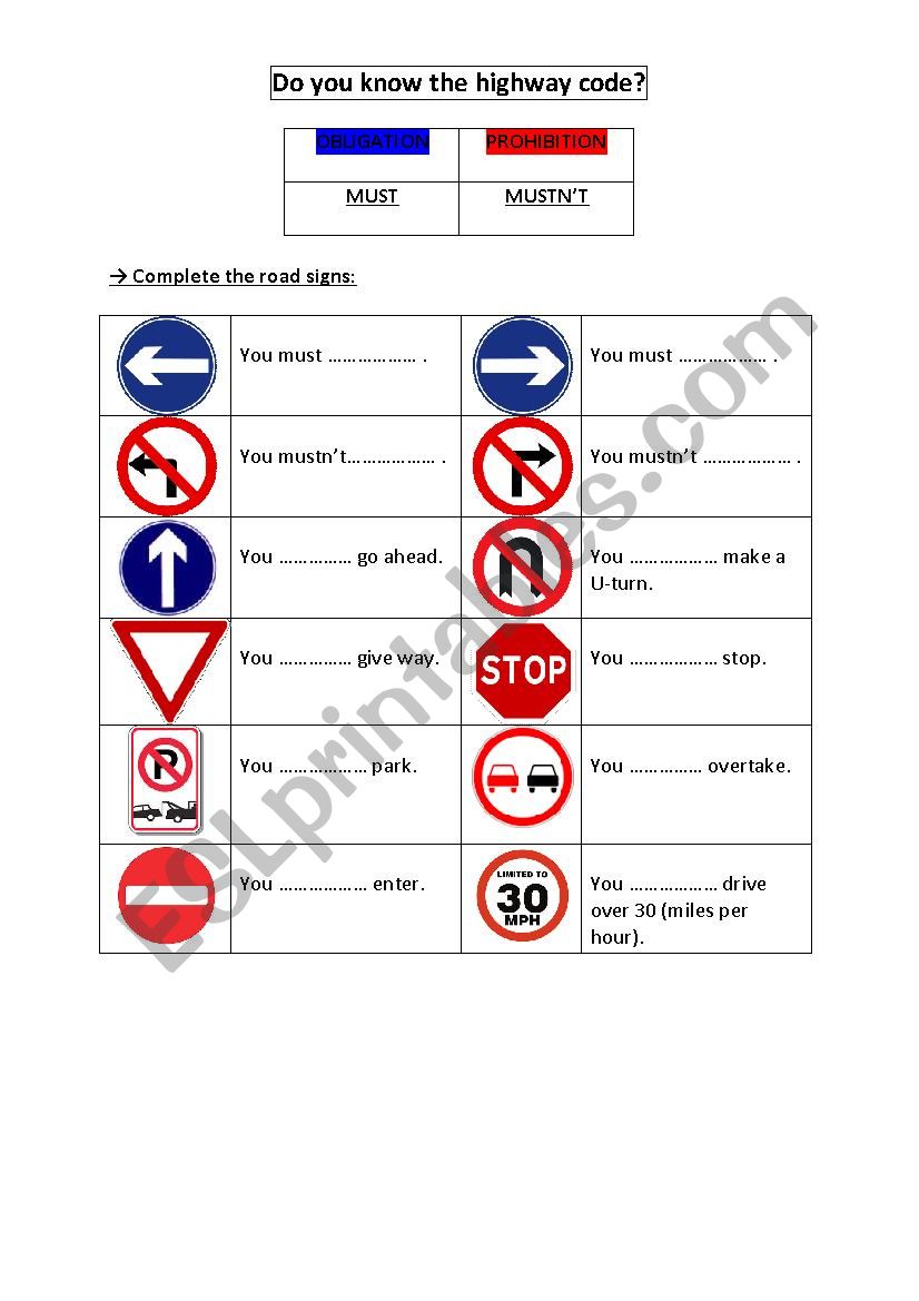 Road signs worksheet