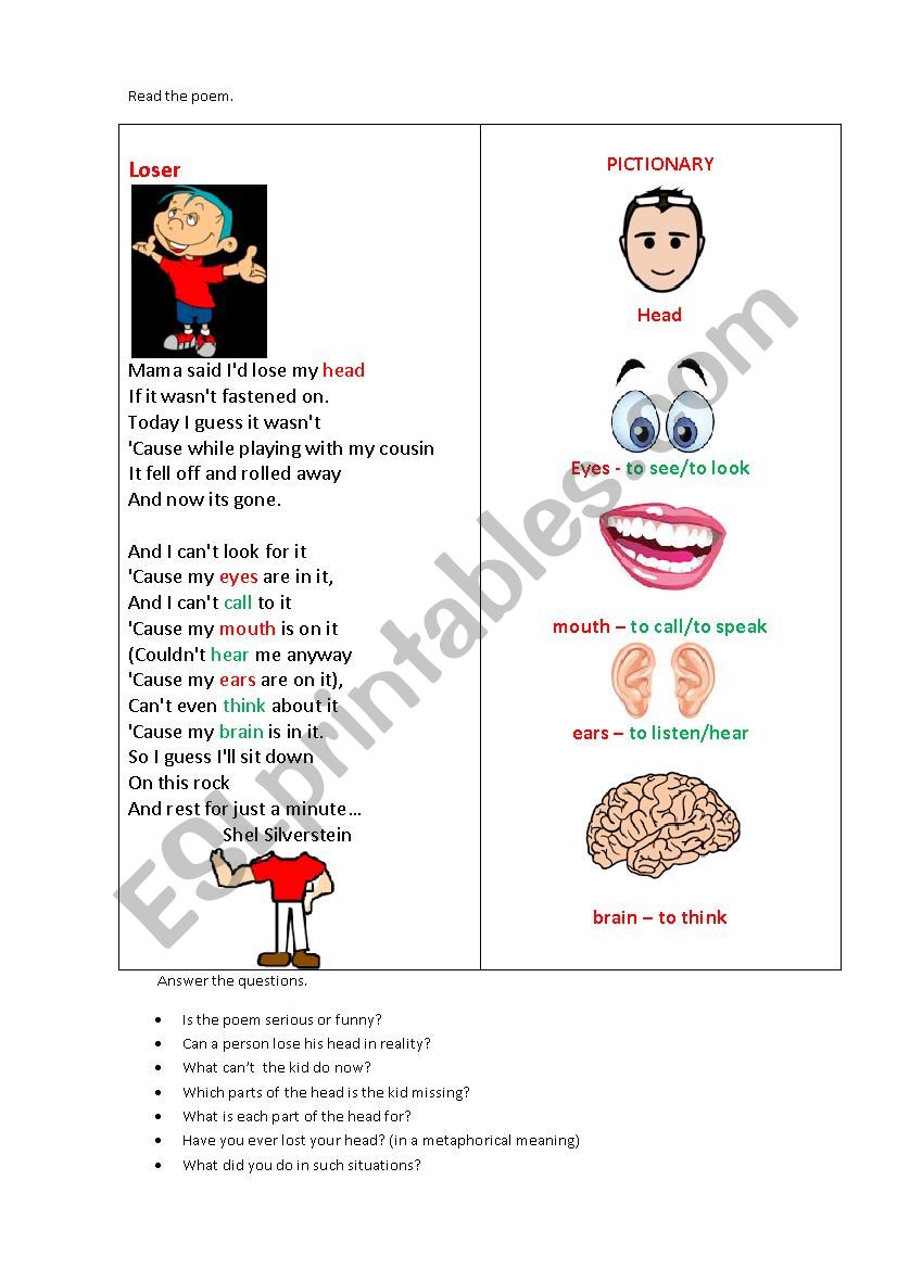 A LOSER (a poem + questions) worksheet