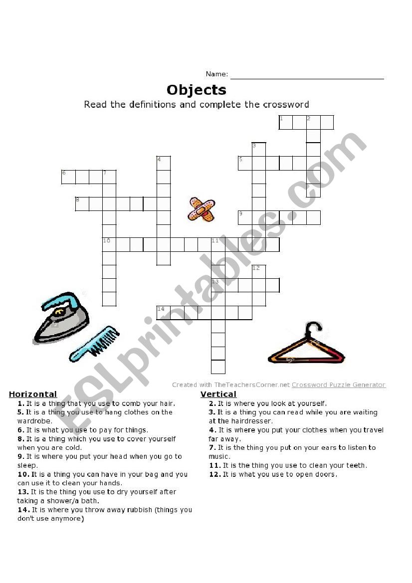 Crossword EVERYDAY OBJECTS worksheet