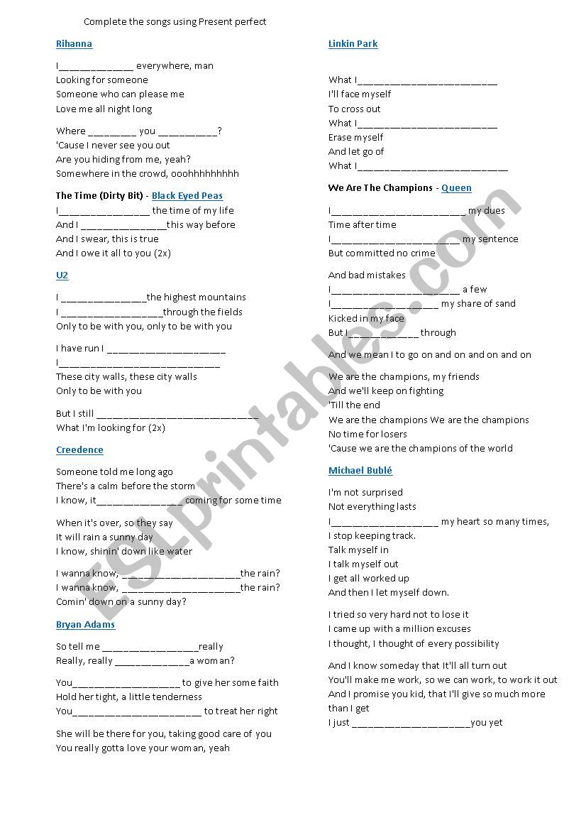 songs with present perfect worksheet