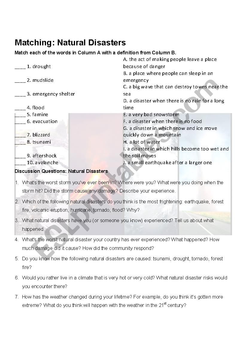 Natural disasters vocabulary matching