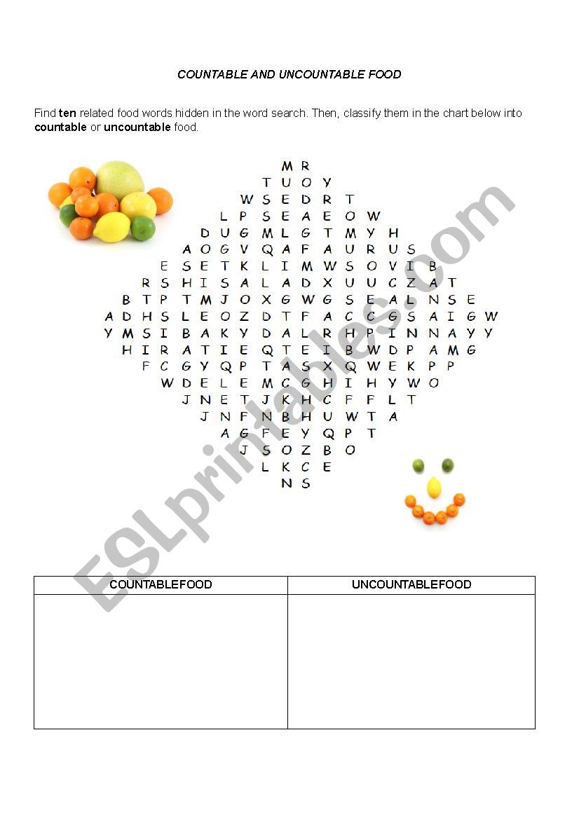 Countable and uncountable food wordsearch