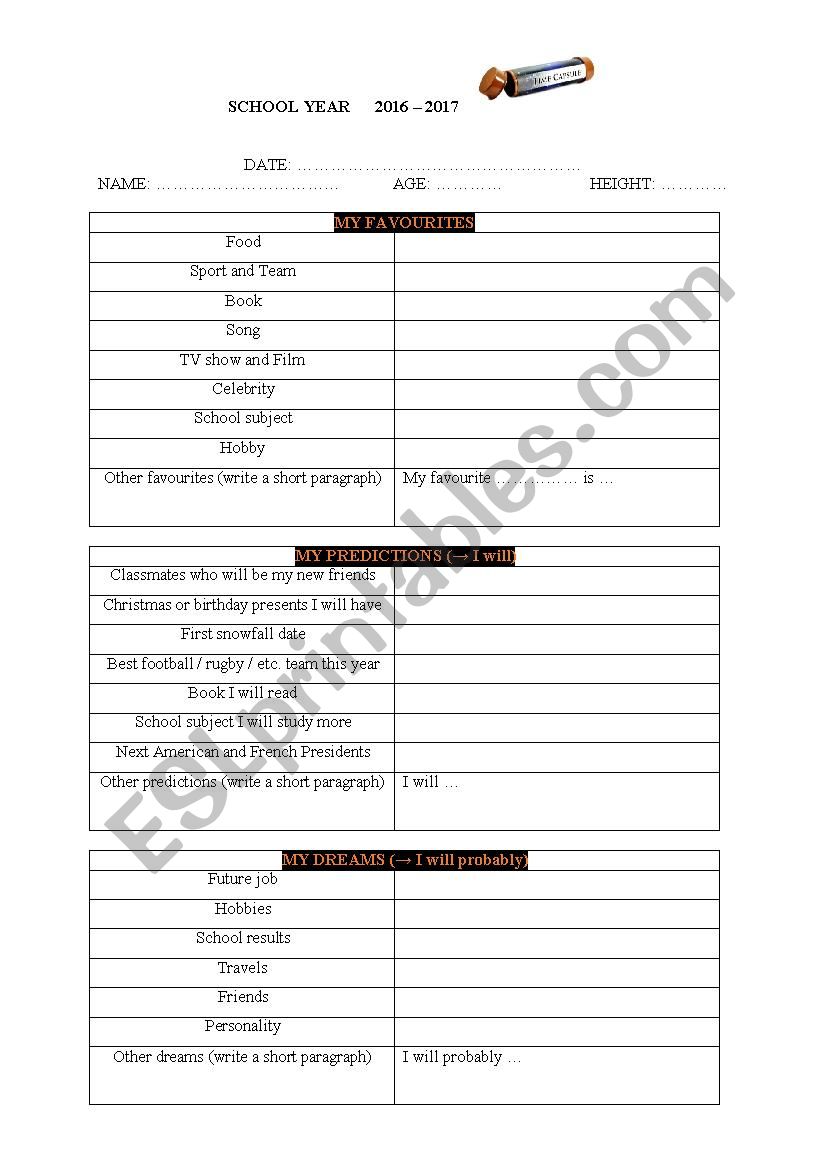 School Year Time Capsule worksheet