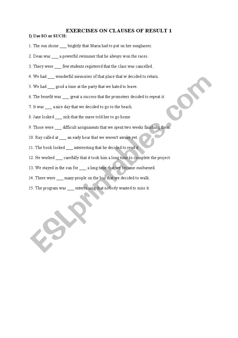 clause of result worksheet