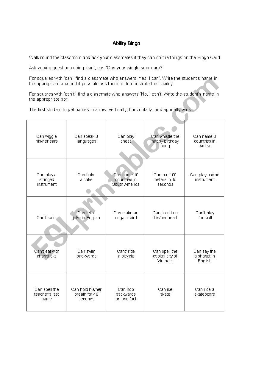 Ability Bingo worksheet