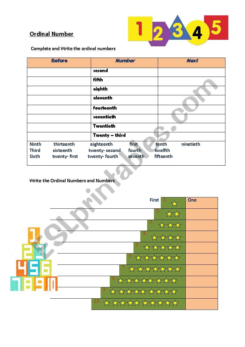 ordinal numbers worksheet