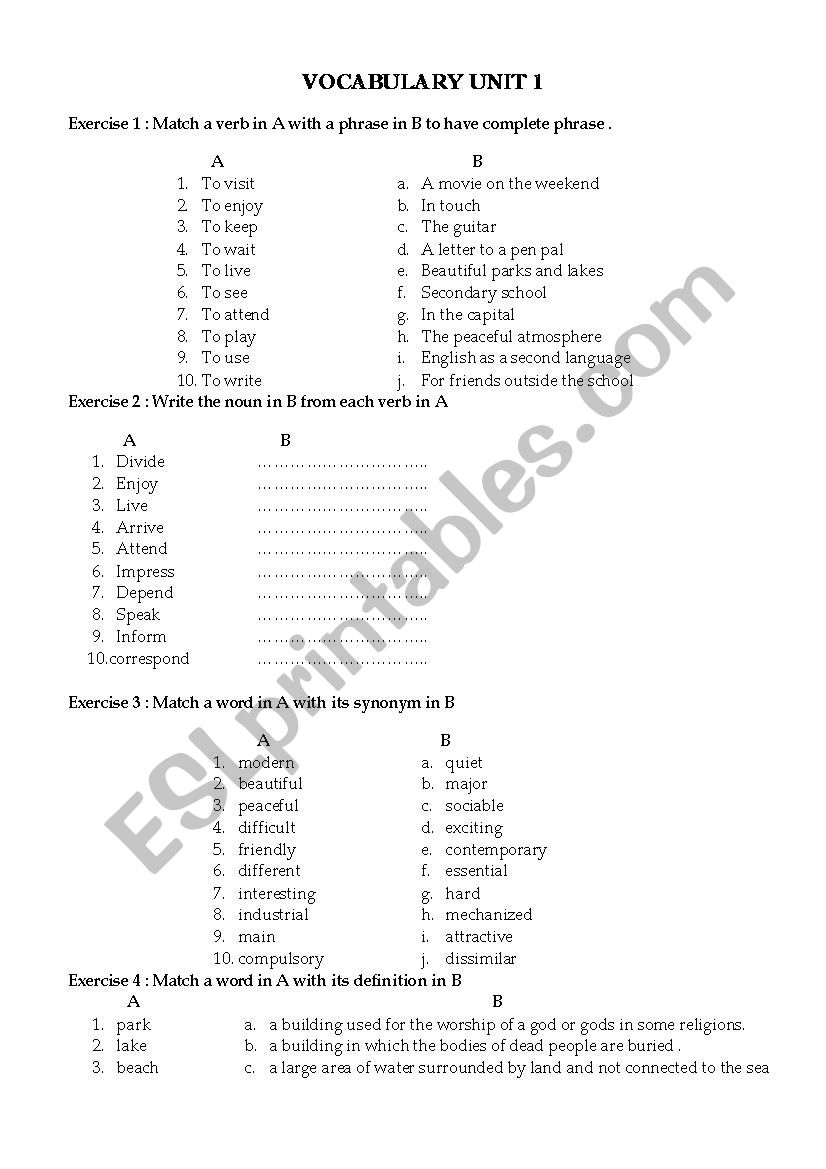 Unit 1 - Vocabulary worksheet
