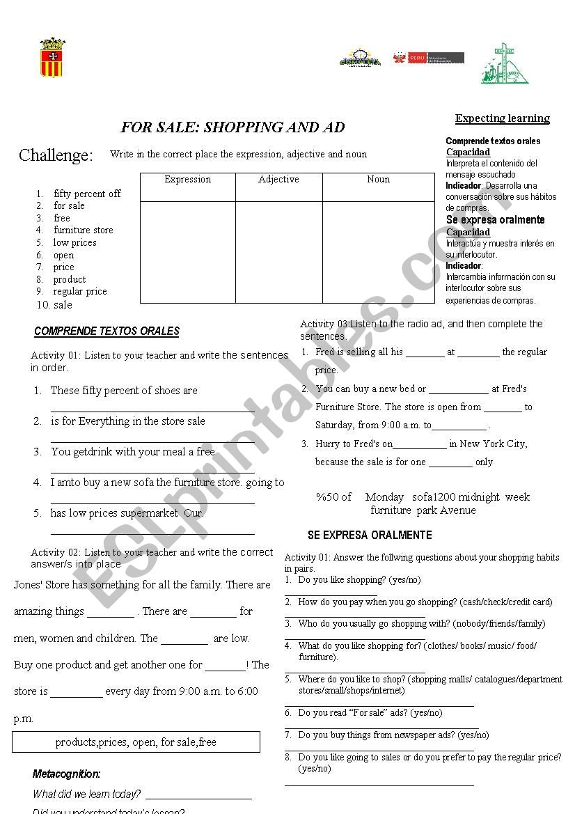 Shopping and Ads worksheet
