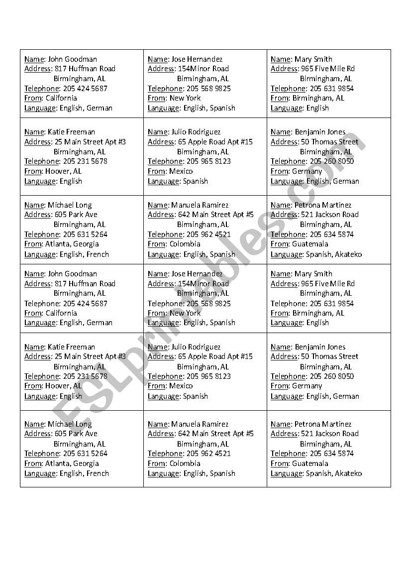 Personal Info Game worksheet