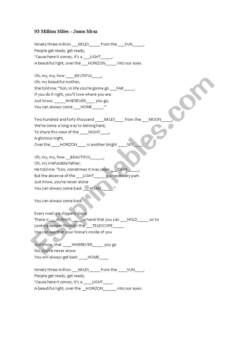 93 Million Miles - Jason Mraz worksheet