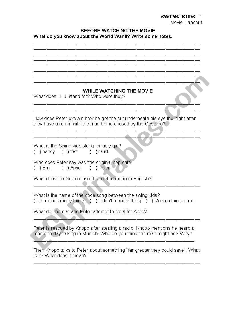 Swing Kids - Movie Handout worksheet