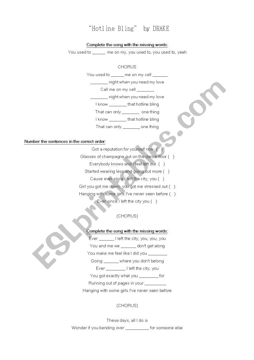 Hot Line Bling by Drake, Song Worksheet