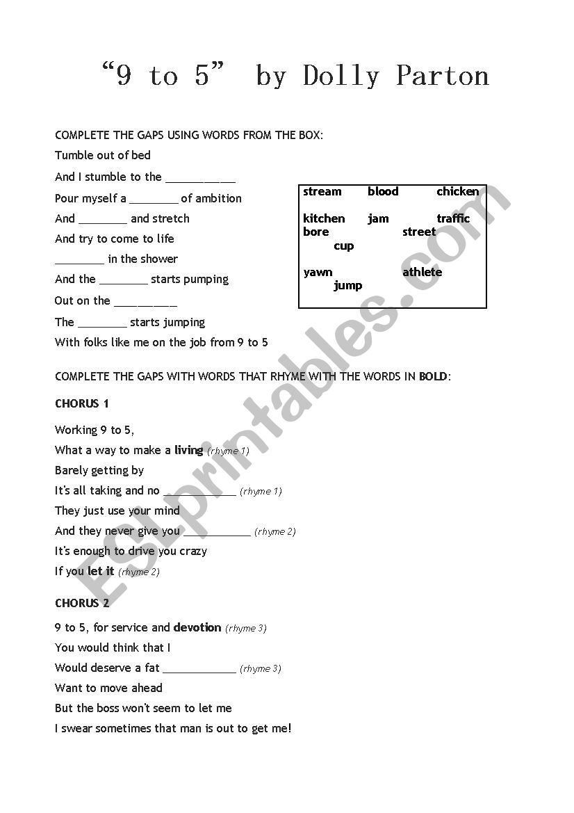 9 to 5 by Dolly Parton, Song Worksheet