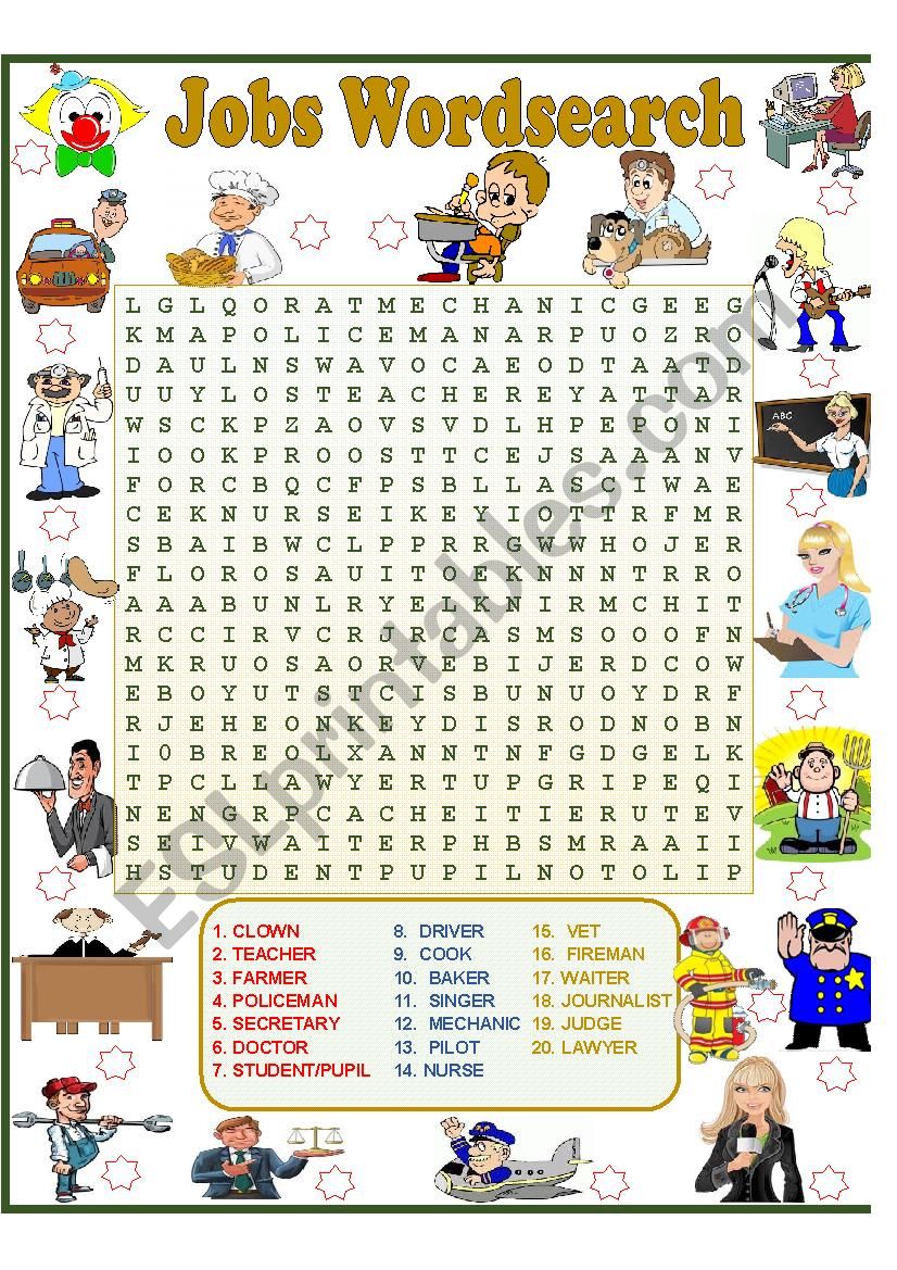 jobs wordsearch esl worksheet by sumerce