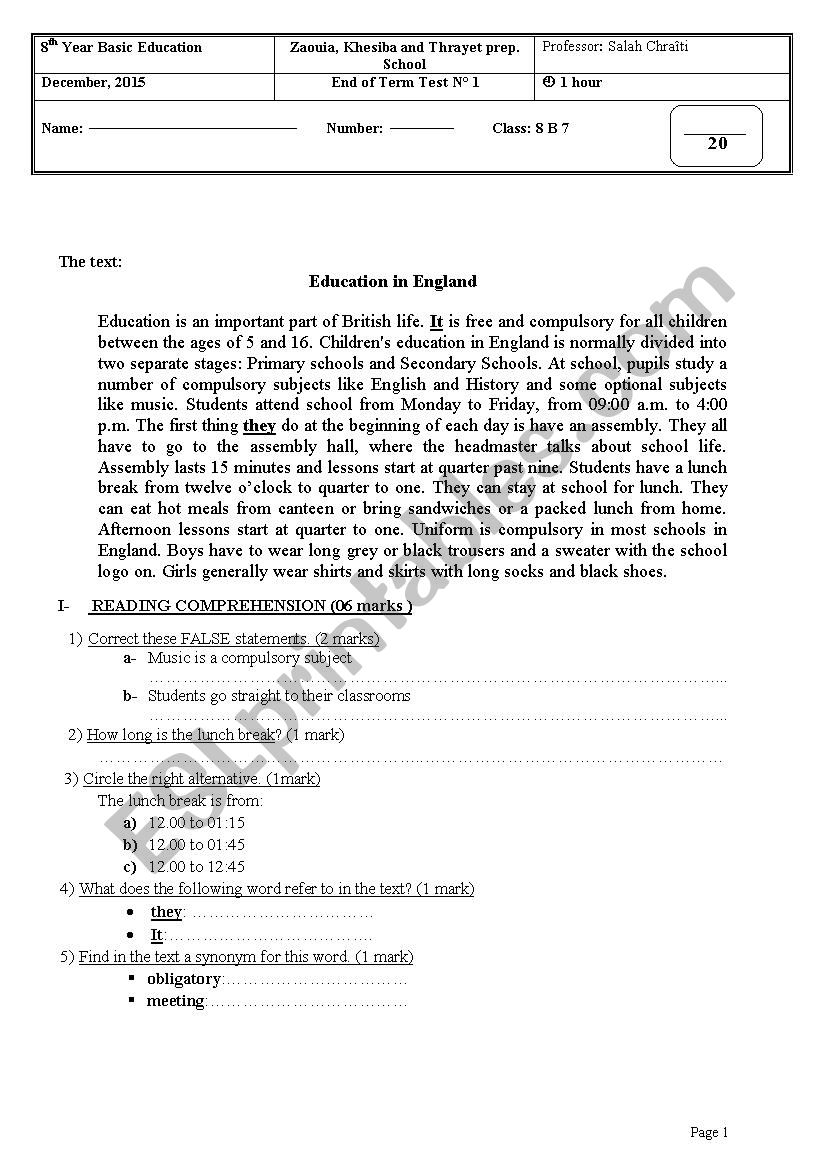 8th FORM BASIC EDUCATION worksheet