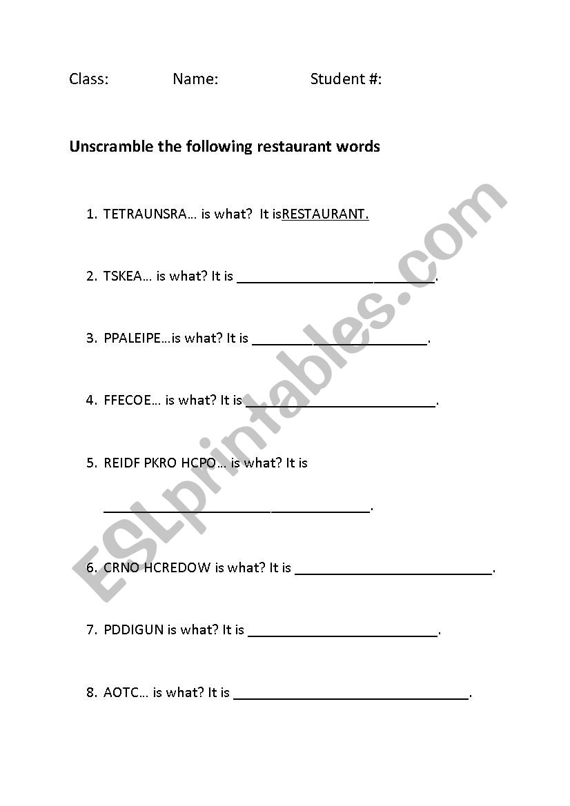 Food Vocab Unscramble worksheet