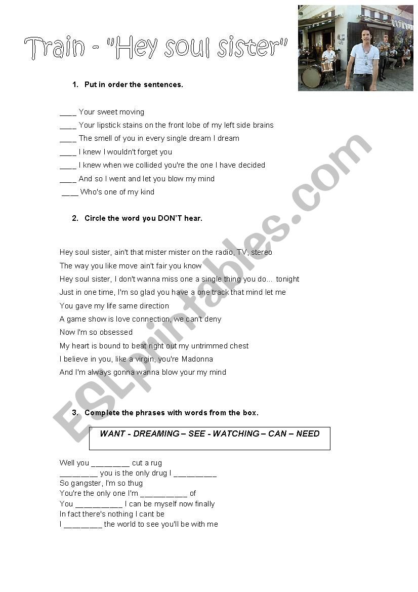 TRAIN - HEY SOUL SISTER worksheet