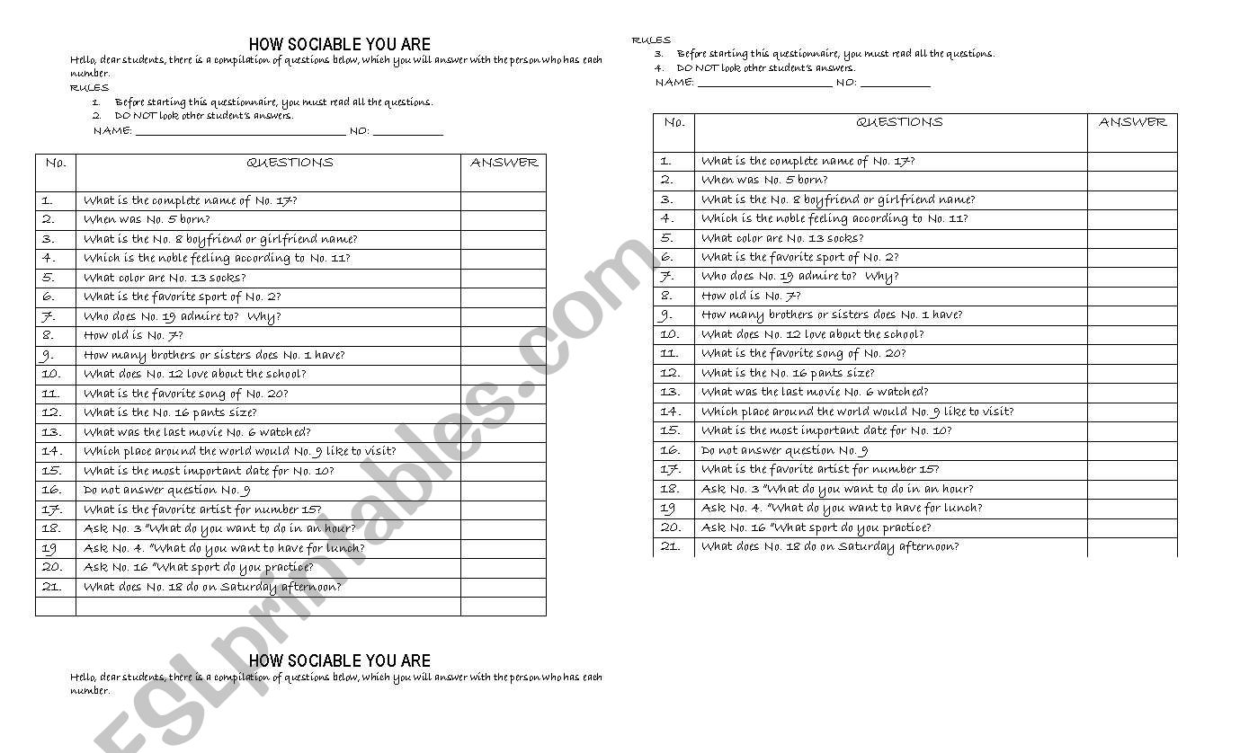 How sociable you are worksheet