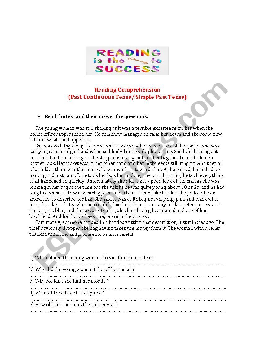 Reading comprehension ( Past Continuous Tense/ Simple Past Tense)
