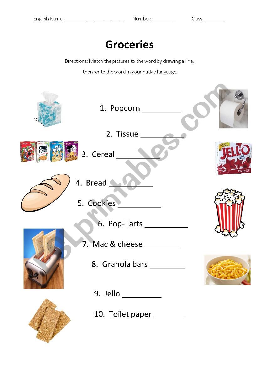 Groceries Matching  worksheet