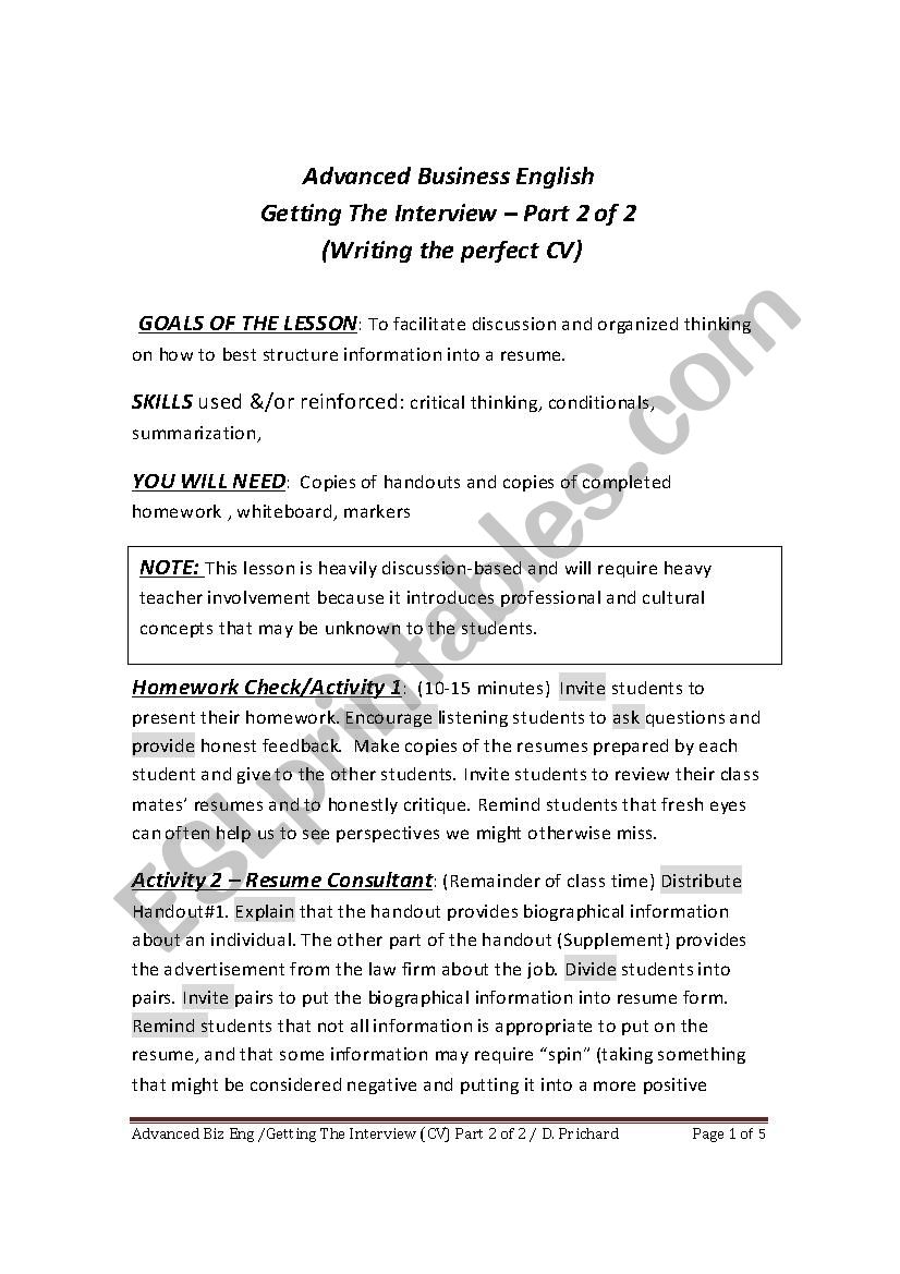ADVANCED BUSINESS ENGLISH - GETTING THE INTERVIEW - PART 2 OF 2 (RESUME WRITING)