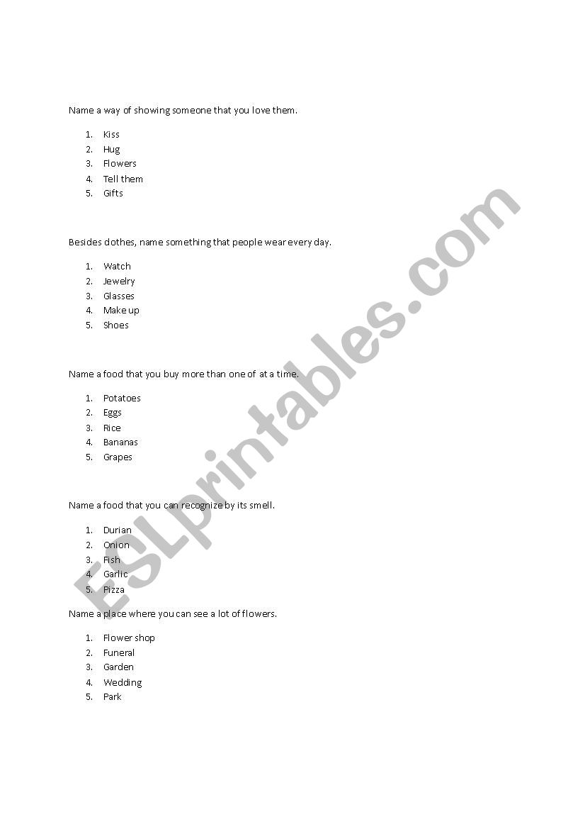 Family Feud Topics worksheet