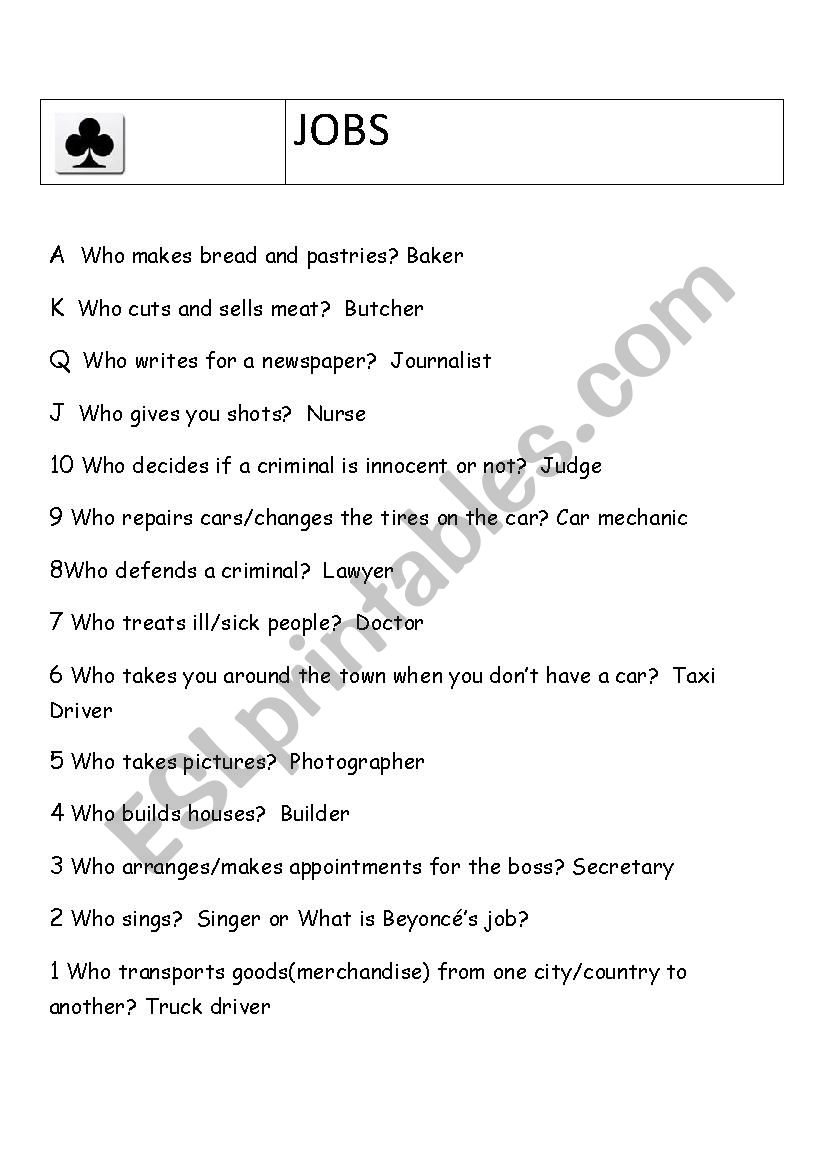 Uno Jobs worksheet