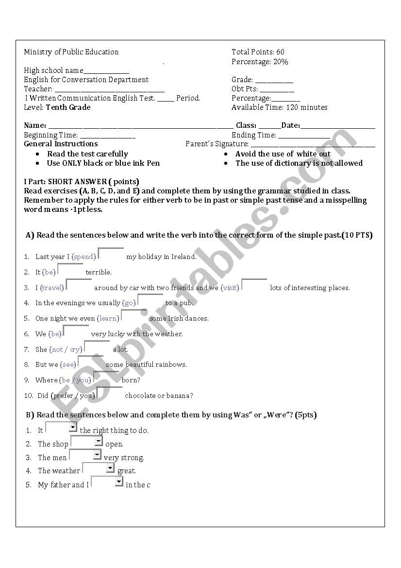 Simple past tense test  worksheet