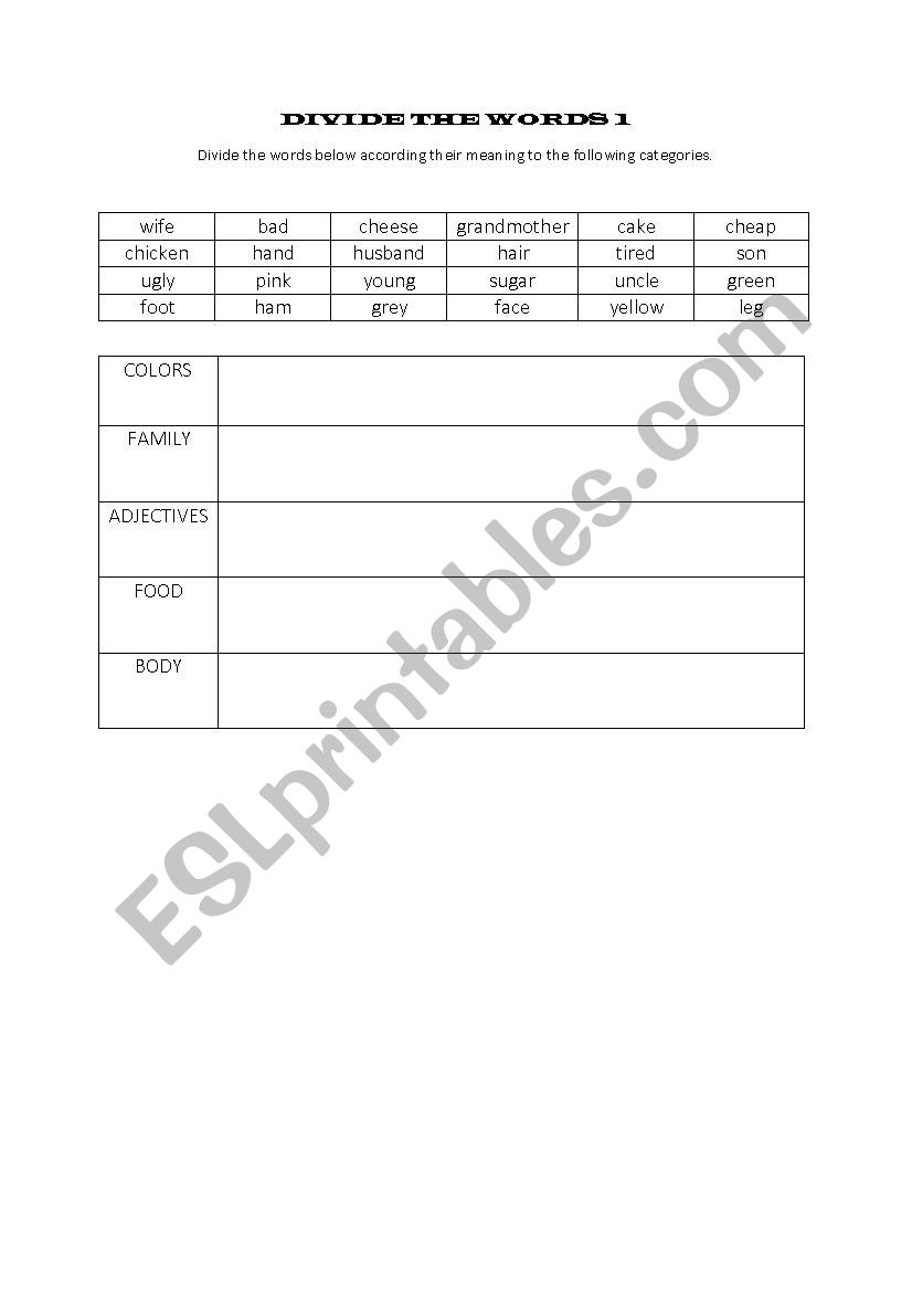 Divide the words 1 worksheet