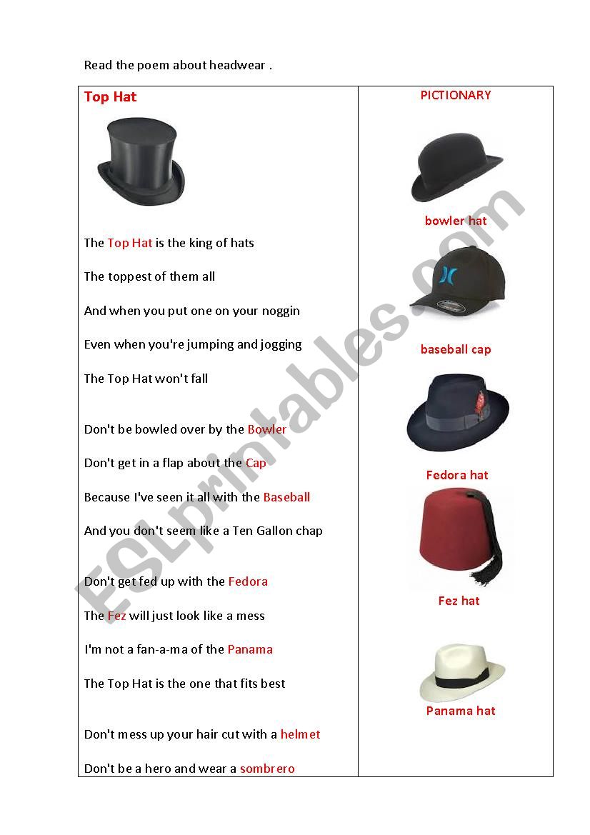 TOP HAT (a poem + questions) worksheet