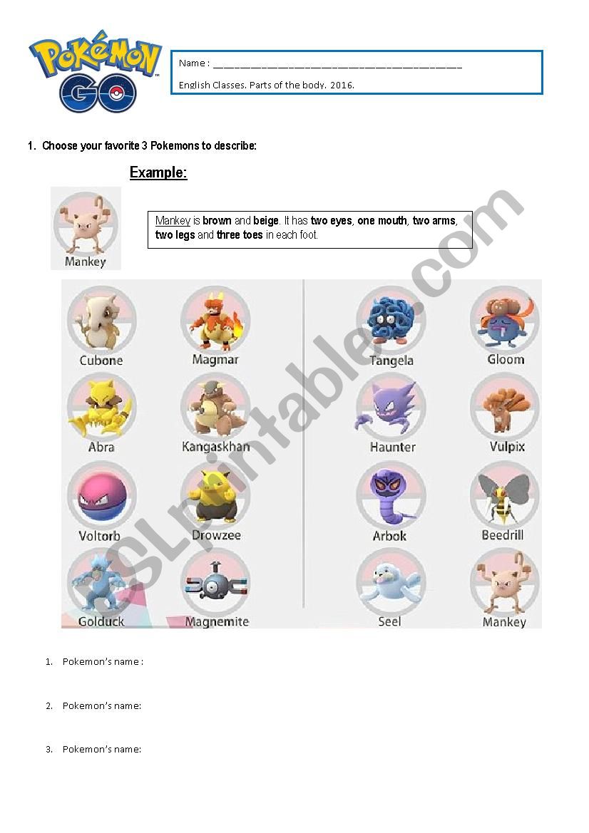 Pokmon Parts of the body worksheet