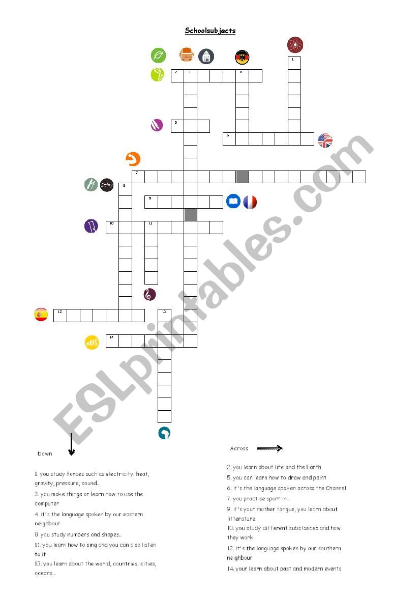school subjects crossword worksheet