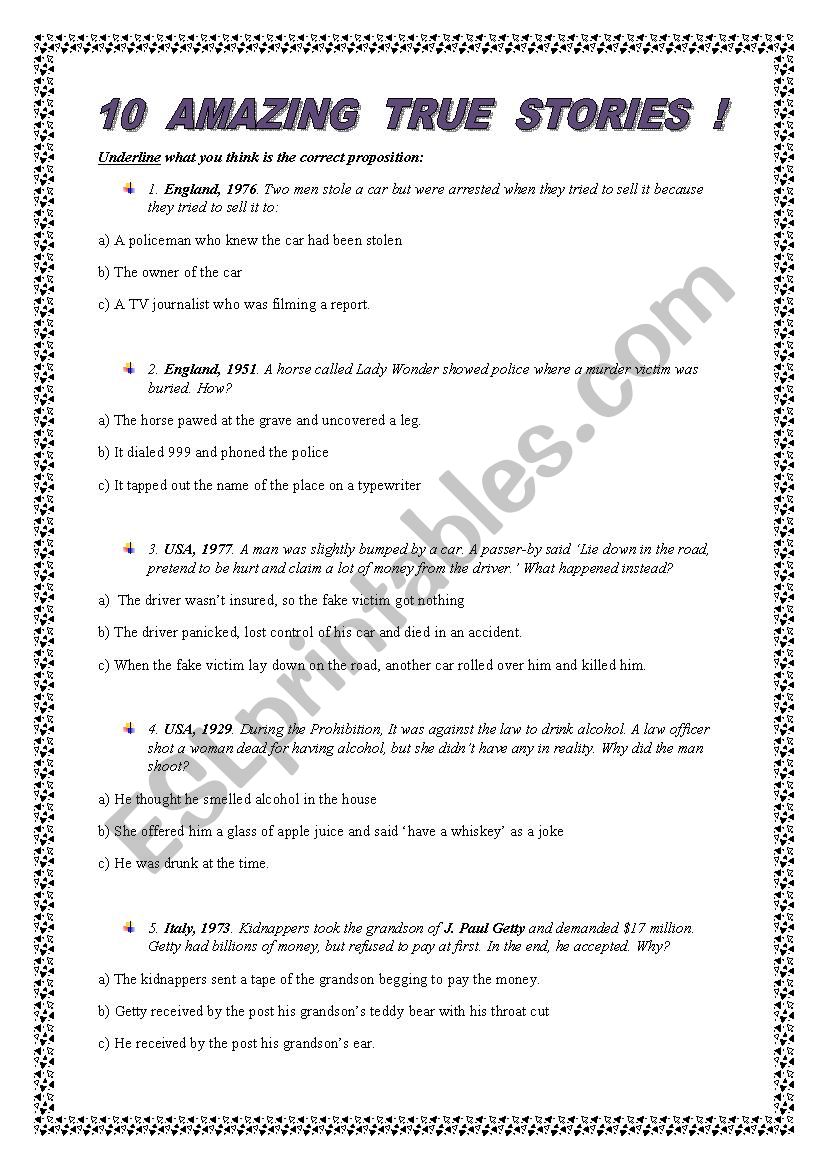 10 Amazing but true stories worksheet