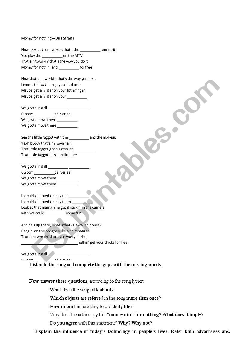 Songs - House appliances worksheet