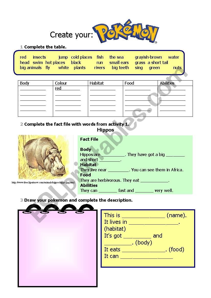 Create your pokemon worksheet