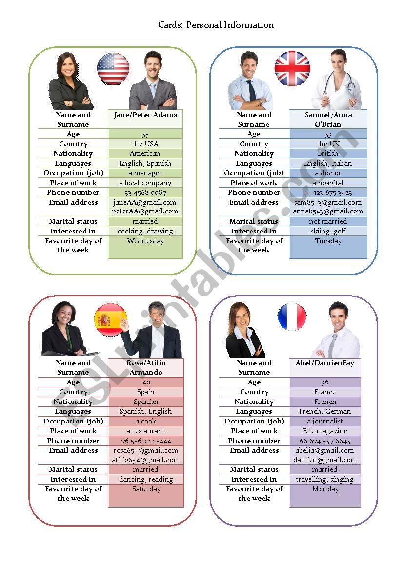 Persnal Information Cards worksheet